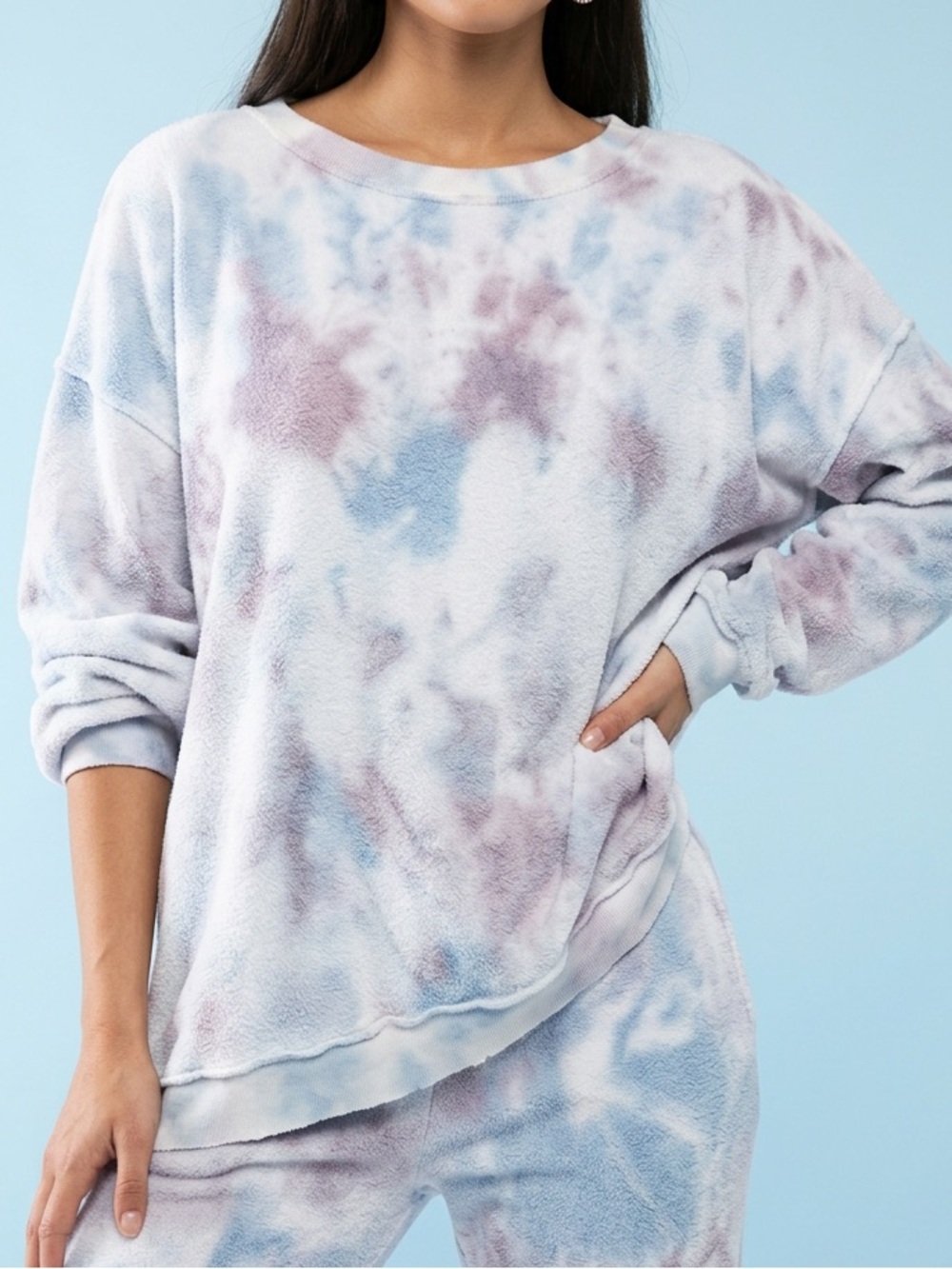 Free People Plush Tie-Dye Crewneck Sweatshirt - Lavender & Light Blue